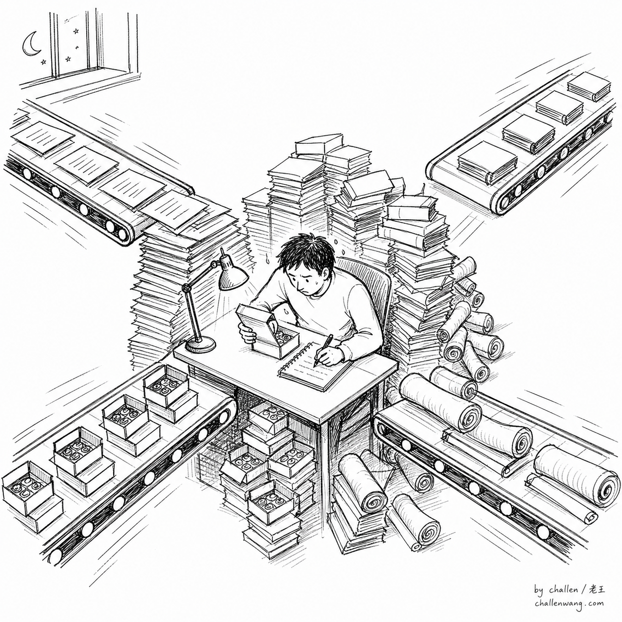 插图：四条 AI 生产线同时涌向一个只有一双手的检查者