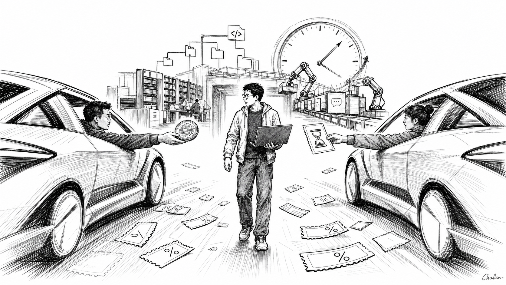 插图：两辆无品牌的补贴车向开发者递出算力筹码，远处是软件生产线