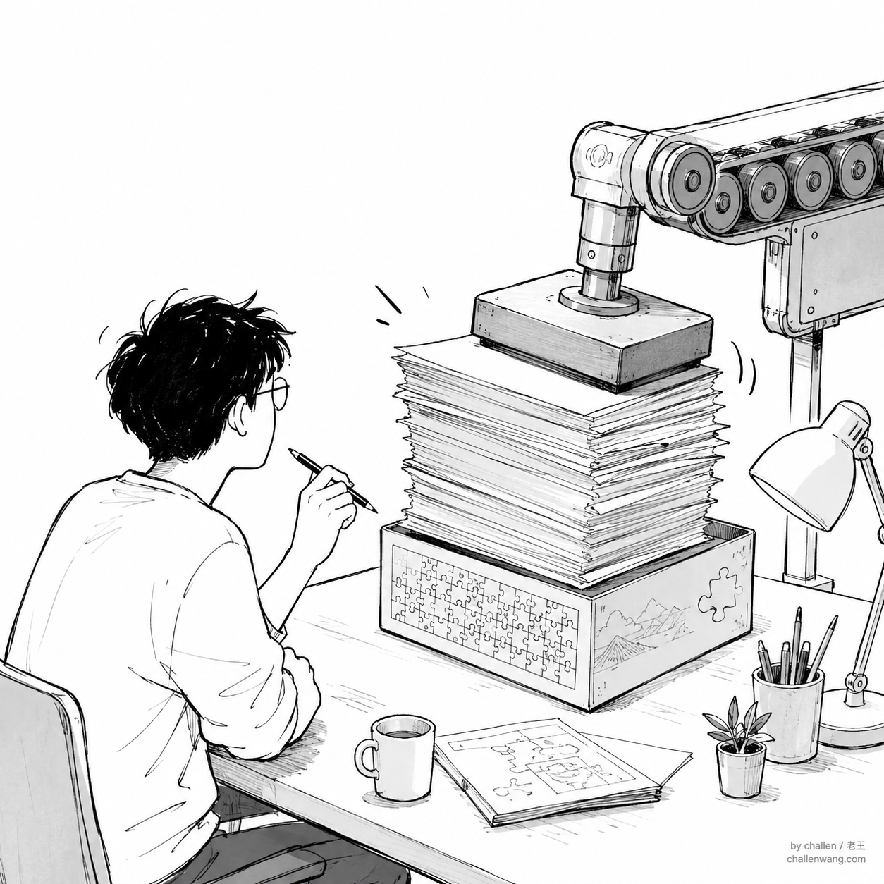插图：成品纸堆压住待探索的拼图，作者的笔停在半空