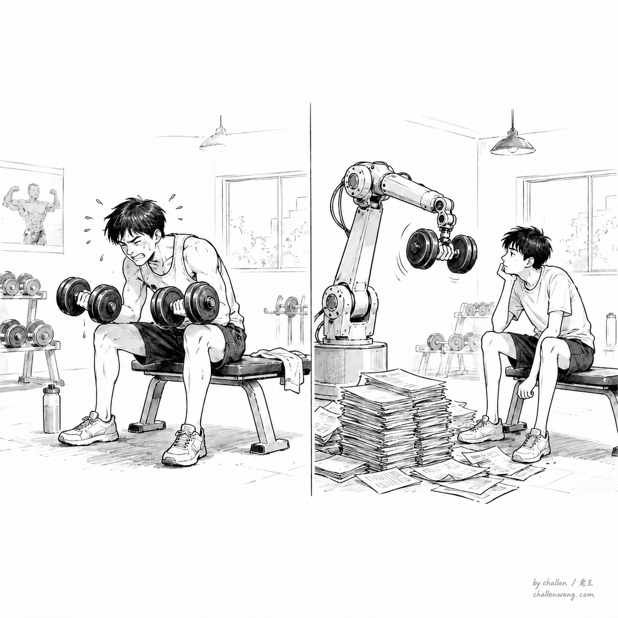 插图：机器替人举哑铃，训练成果无法长在旁观者身上
