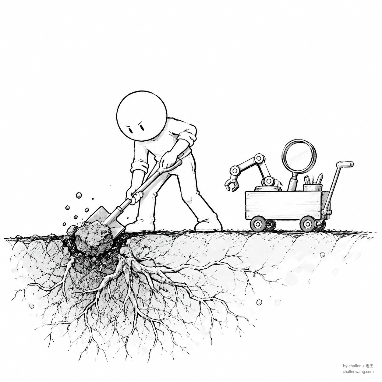 插图：真人挖下第一锹土，机器带着工具在旁协助