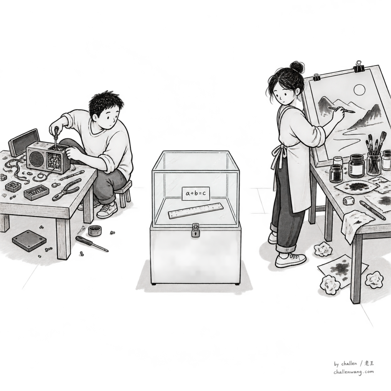 插图：两张互不相同的工作台可以并存，房间正中的锁柜里只放着一把尺子