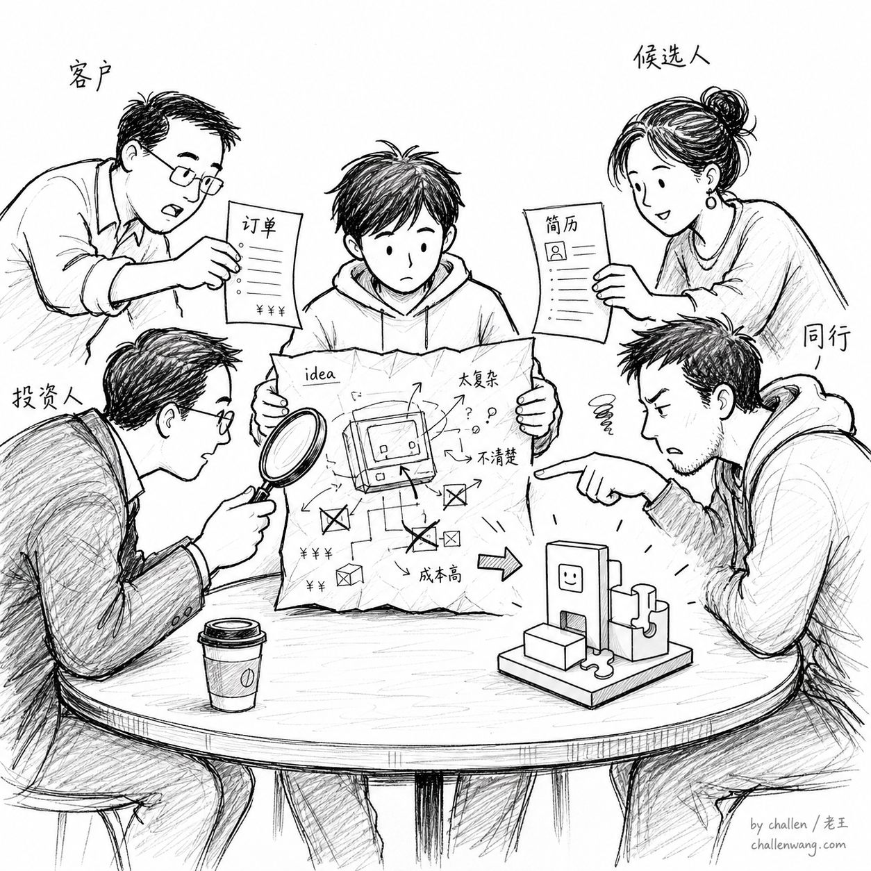 插图：一个粗糙想法在客户、投资人和同行反馈中被打磨