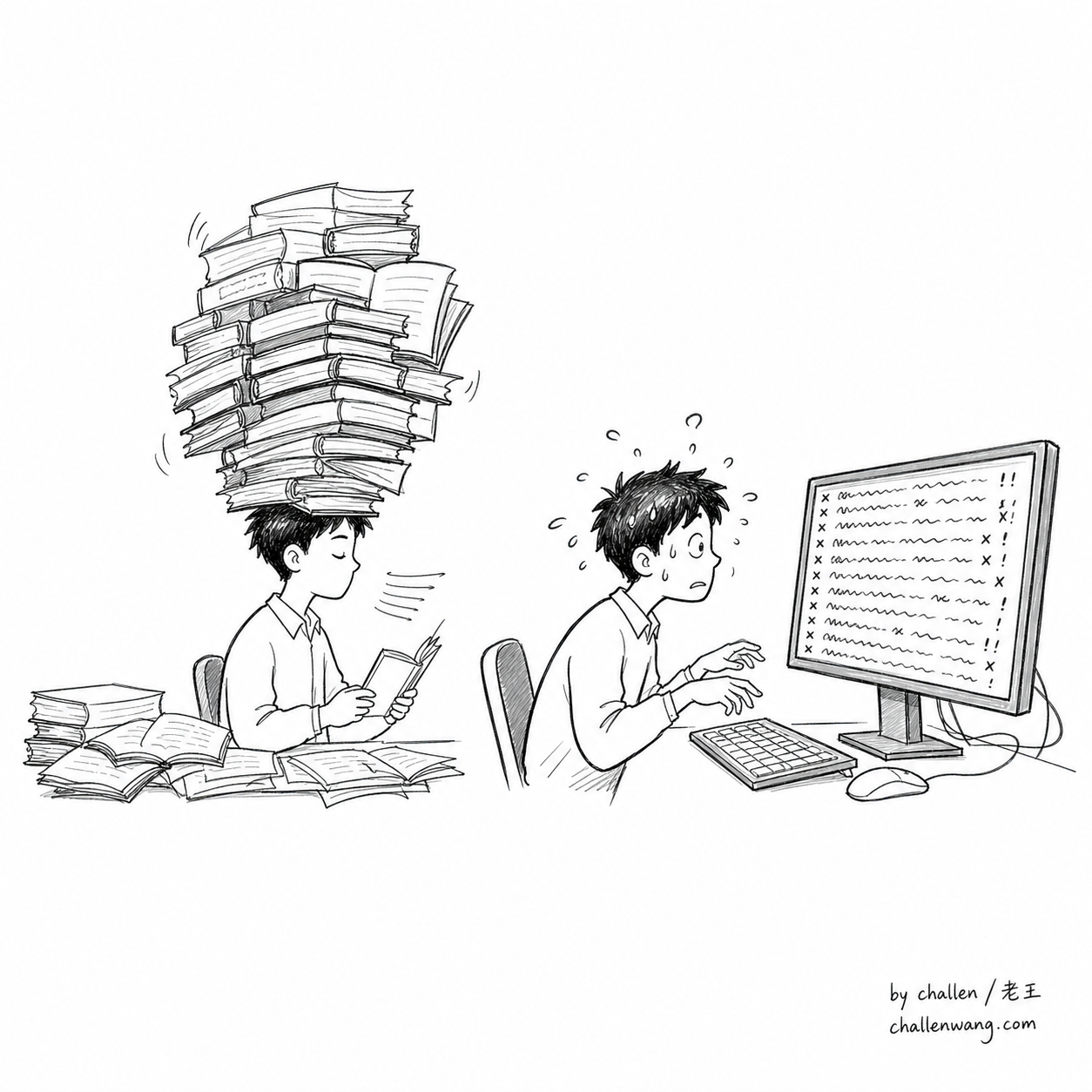插图：一个把整本书背下来的应届生，第一次坐到满是红字报错的终端前手足无措