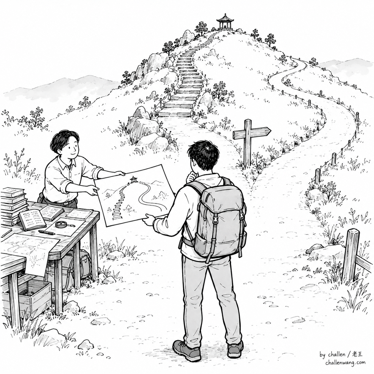 插图：助手先整理证据和两条路线，人拿着方案在岔路口作最后选择。