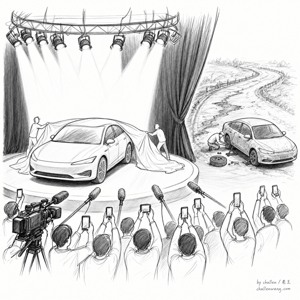 插图：所有镜头聚焦车展新车，幕布后真实道路上的维修无人记录