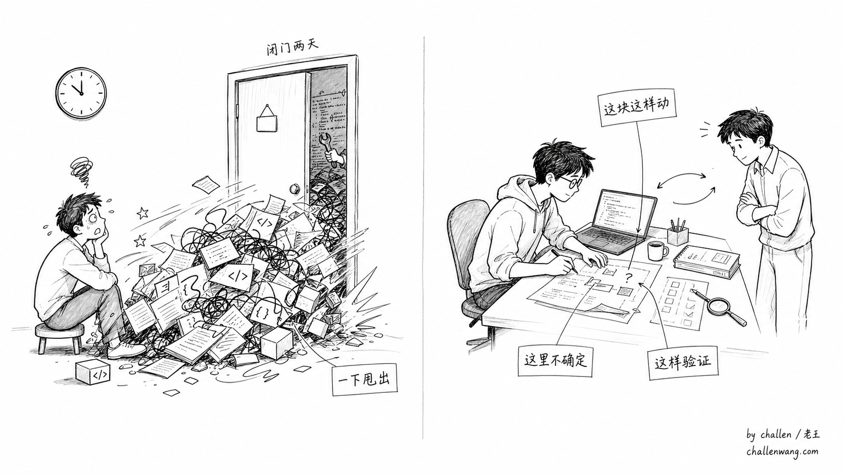 插图：同样强，左边消失式黑箱交付，右边边做边同步