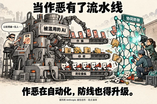 当作恶有了流水线。当 AI 被滥用于诈骗、窃密和舆论操纵，作恶也有了自动化流水线；防线必须升级，用协同防御应对规模化滥用。