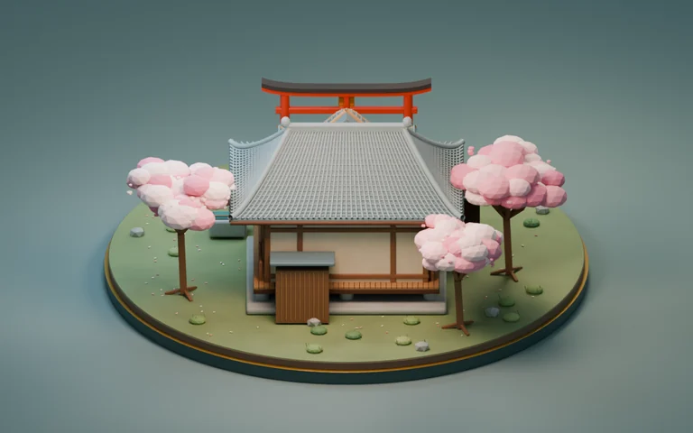 从背面观察神社屋顶和庭院的三维构造