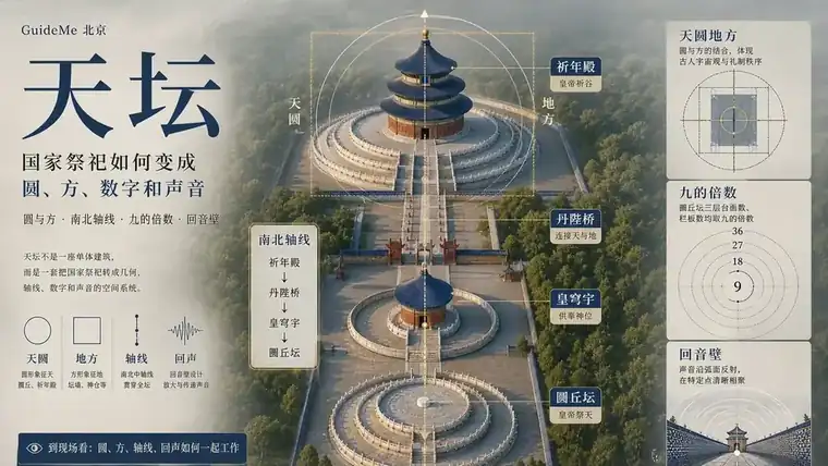 天坛导航海报：祈年殿 · 圜丘坛 · 丹陛桥 · 回音壁 · 祭天 · 蓝琉璃瓦