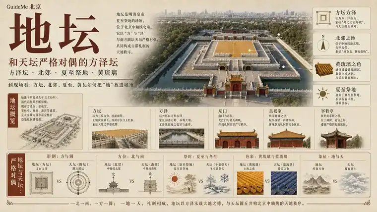 地坛导航海报：方泽坛 · 安定门 · 夏至祭地 · 黄琉璃瓦 · 嘉靖分祀 · 中轴线遗产
