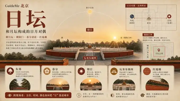 日坛导航海报：朝日坛 · 朝阳门 · 春分 · 祭日 · 红琉璃 · 嘉靖分祀