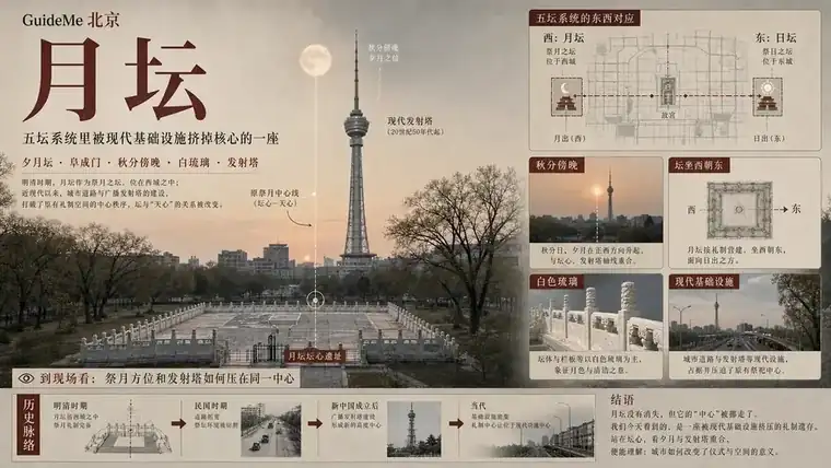 月坛导航海报：夕月坛 · 阜成门 · 秋分祭月 · 白琉璃 · 央视发射塔 · 五坛