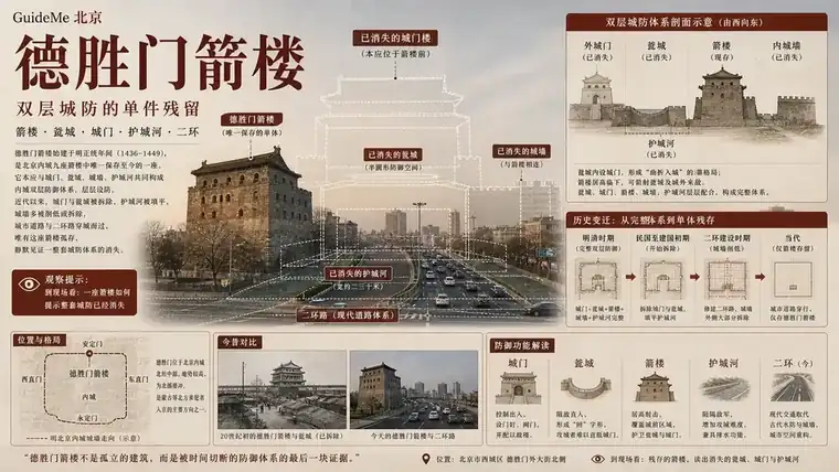 德胜门箭楼导航海报：德胜门 · 箭楼 · 瓮城 · 城防三件套 · 古钱币馆 · 二环