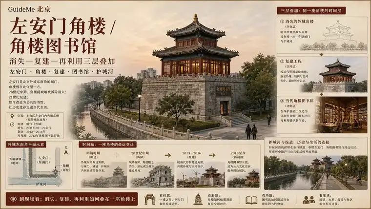 左安门角楼 / 角楼图书馆导航海报：左安门 · 角楼图书馆 · 外城角楼 · 复建 · 南二环 · 护城河