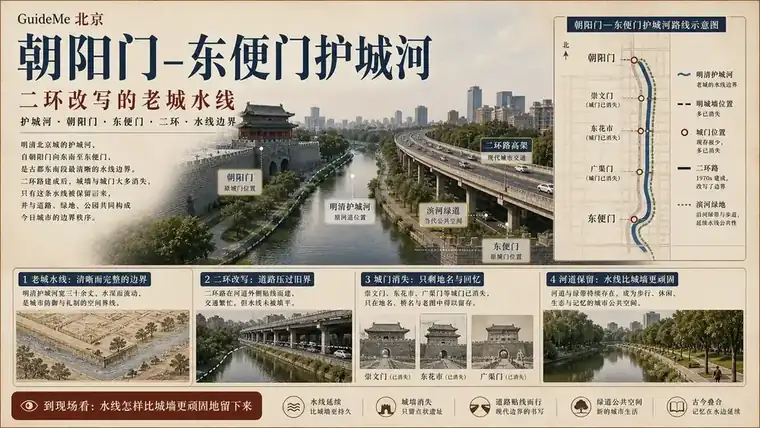 朝阳门—东便门护城河导航海报：朝阳门 · 东便门 · 东护城河 · 前三门暗沟 · 明城墙遗址公园 · 东二环