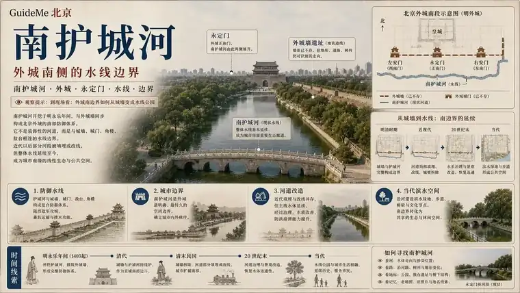 南护城河导航海报：外城 · 永定门桥 · 广安门桥 · 玉蜓桥 · 明嘉靖外城 · 排水主渠