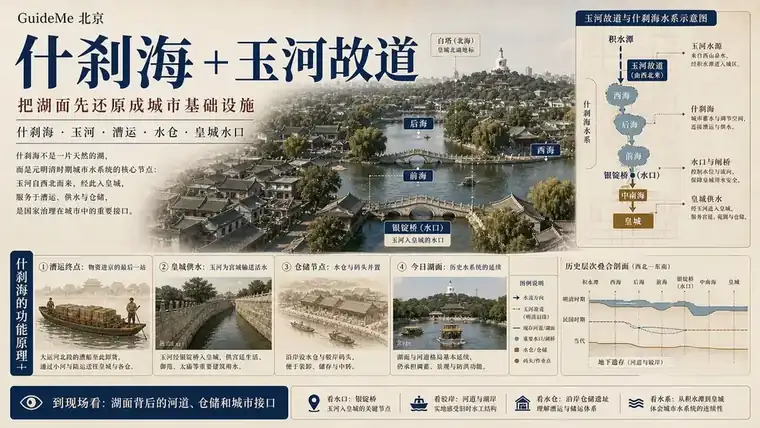 什刹海 + 玉河故道导航海报：什刹海 · 积水潭 · 玉河 · 万宁桥 · 通惠河 · 郭守敬