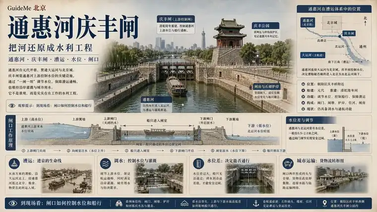 通惠河庆丰闸导航海报：通惠河 · 庆丰闸 · 郭守敬 · 复闸 · 漕运 · 积水潭