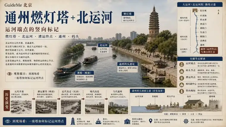 通州燃灯塔 + 北运河导航海报：燃灯塔 · 三庙一塔 · 通州塔 · 北运河 · 大光楼 · 漕运码头