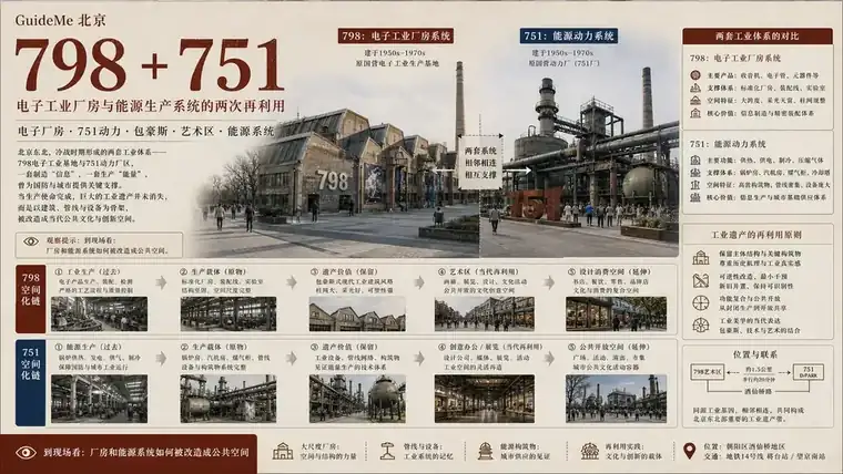 798 + 751导航海报：798 · 751 · 包豪斯 · 锯齿屋顶 · 煤气罐 · 工业遗存