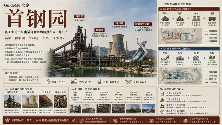 首钢园导航海报：3号高炉 · 西十筒仓 · 秀池 · 首钢大跳台 · 冷却塔 · 冬奥组委