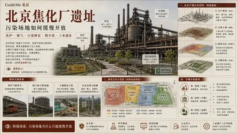 北京焦化厂遗址导航海报：北京焦化厂 · 北焦公园 · 人工煤气 · 焦炉 · 冷却塔 · 土壤修复