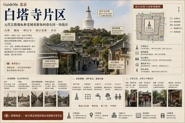 白塔寺片区导航海报：白塔寺 · 妙应寺 · 阿尼哥 · 覆钵式塔 · 元大都 · 东西岔