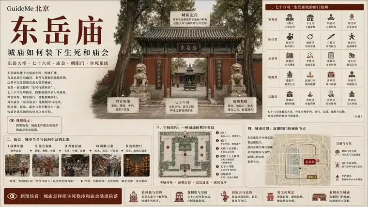 东岳庙导航海报：七十六司 · 永延帝祚 · 琉璃牌坊 · 北京民俗博物馆 · 张留孙 · 东岳大帝