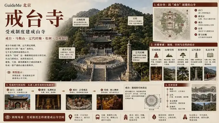 戒台寺导航海报：慧聚寺 · 戒坛 · 法均 · 马鞍山 · 门头沟 · 受戒
