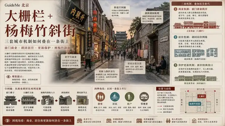 大栅栏 + 杨梅竹斜街导航海报：大栅栏 · 杨梅竹斜街 · 廊房四条 · 同仁堂 · 瑞蚨祥 · 前门外商业