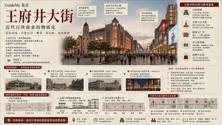 王府井大街导航海报：王府井 · 东安市场 · 百货大楼 · 步行街 · 甘水井 · 十王府街