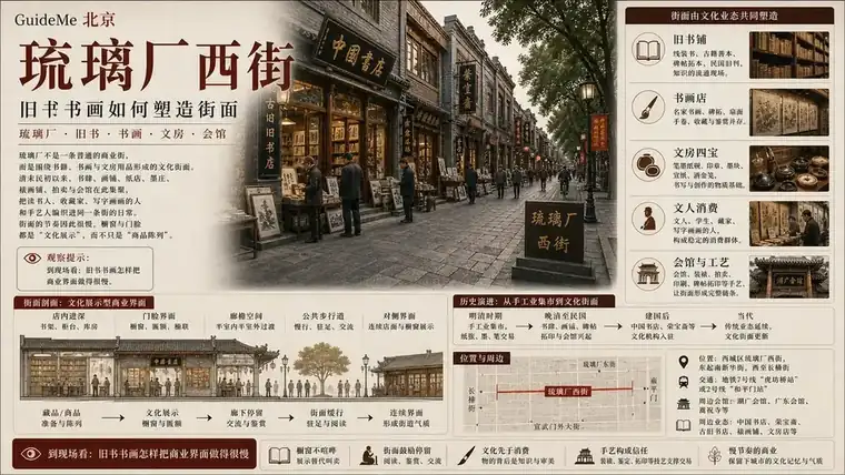 琉璃厂西街导航海报：琉璃厂 · 荣宝斋 · 中国书店 · 四库馆 · 南纸店 · 宣武门外