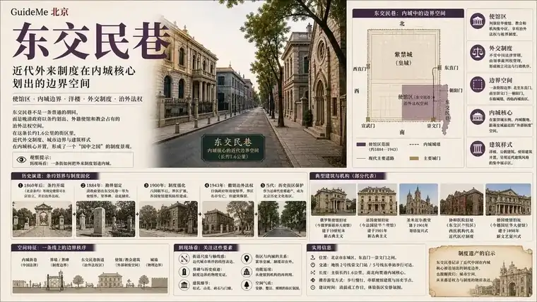 东交民巷导航海报：辛丑条约 · Legation Street · 使馆区 · 圣弥额尔教堂 · 花旗银行 · 正金银行