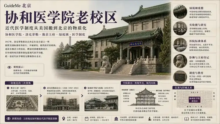 协和医学院老校区导航海报：协和医学院 · 洛克菲勒基金会 · CMB · 豫亲王府 · 查尔斯·柯立芝 · 卧狮