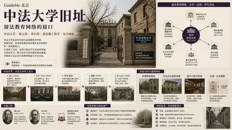 中法大学旧址导航海报：中法大学 · 蔡元培 · 李石曾 · 留法勤工俭学 · 服尔德学院 · 东皇城根