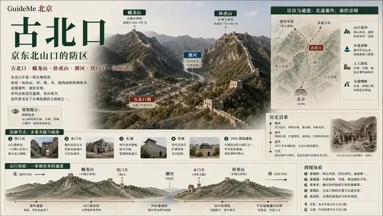 古北口导航海报：蟠龙山长城 · 卧虎山 · 潮河 · 铁门关 · 古北口战役 · 司马台