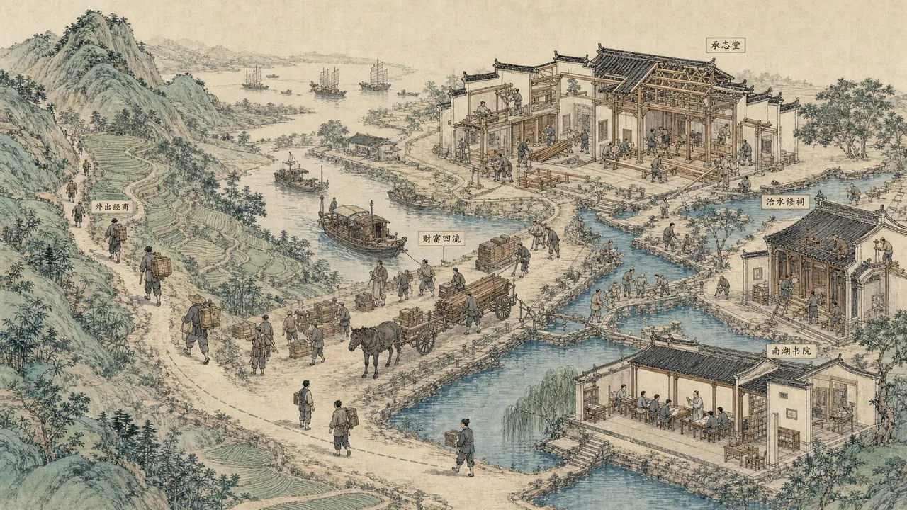 皖南山多田少推动外出经商，商业利润回流宏村转化为宅院、水利、宗祠与教育的经济循环图