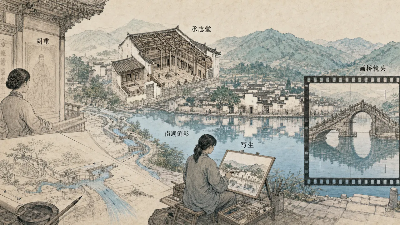 胡重与汪定贵地方记忆、美术院校写生、宏村水墨视觉范式及卧虎藏龙影视传播关系图