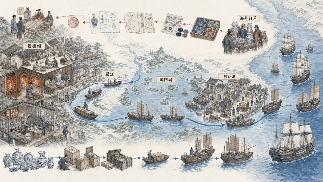 景德镇瓷器经昌江、鄱阳湖、长江及海上网络连接全球订单的贸易结构图