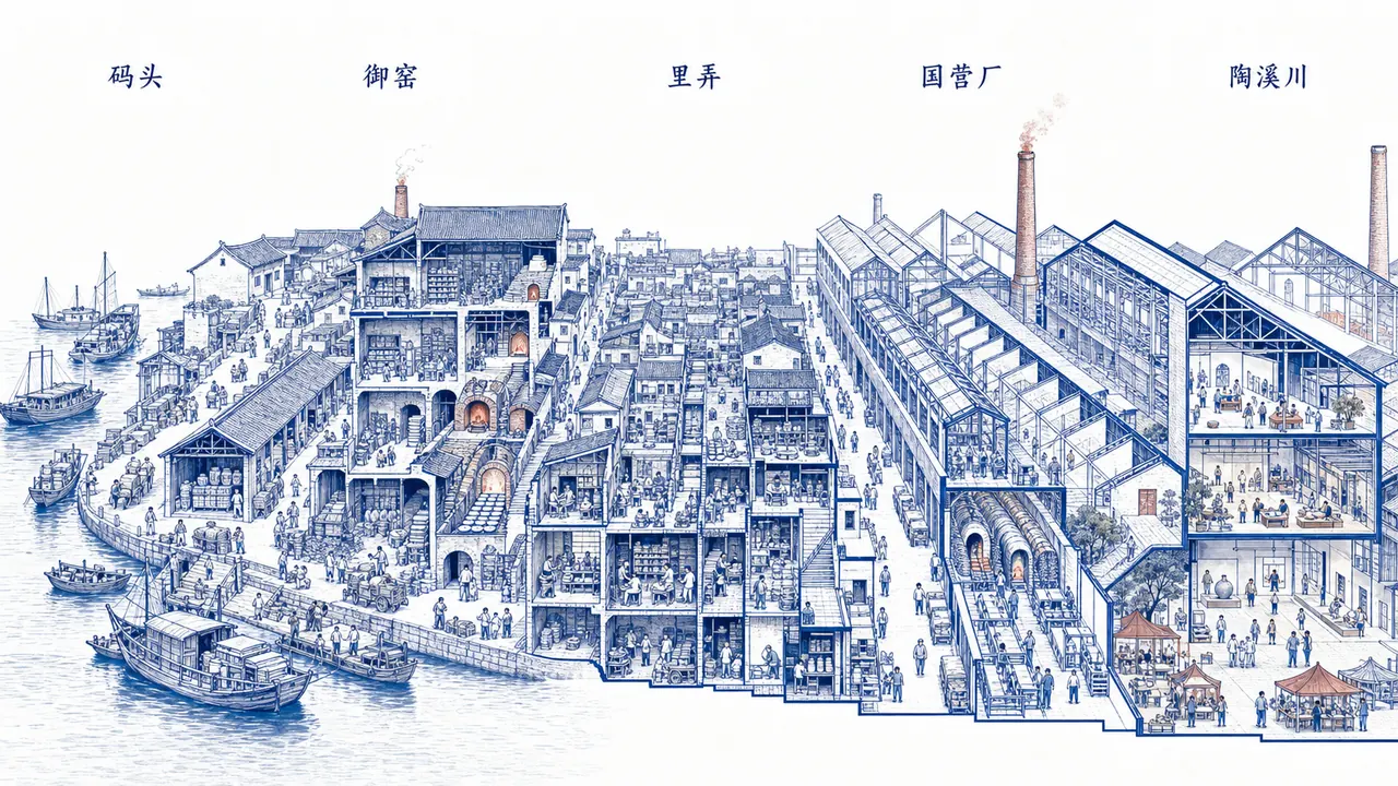 景德镇珠山御窑、昌江码头、窑房坯房、里弄居住与国营厂区的城市空间结构图